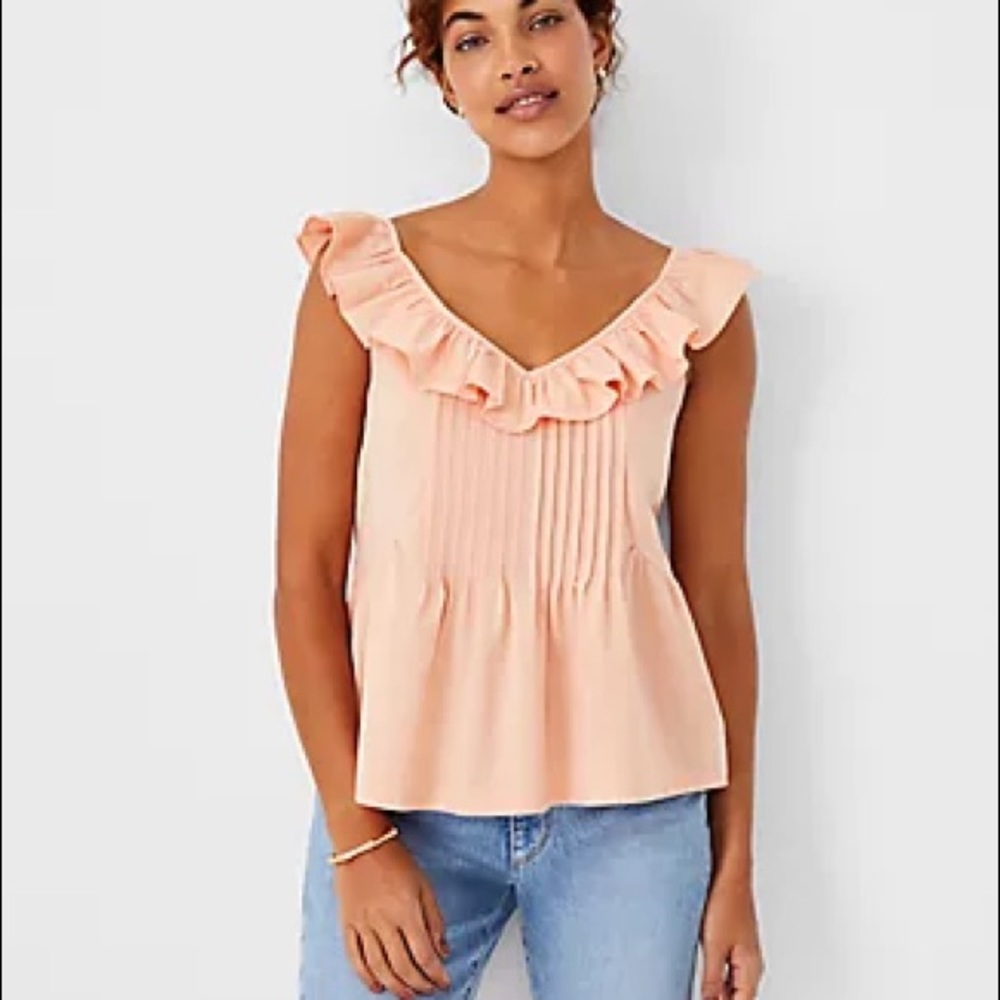 NWOT Ann Taylor Pintucked Ruffle Shell in Cantaloupe Fizz